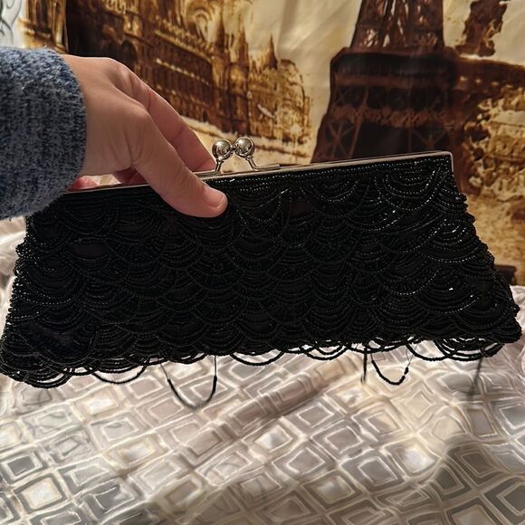 Beaded Satin Kissing Evening Clutch Black Silver Tone Hardware - Picture 4 of 6